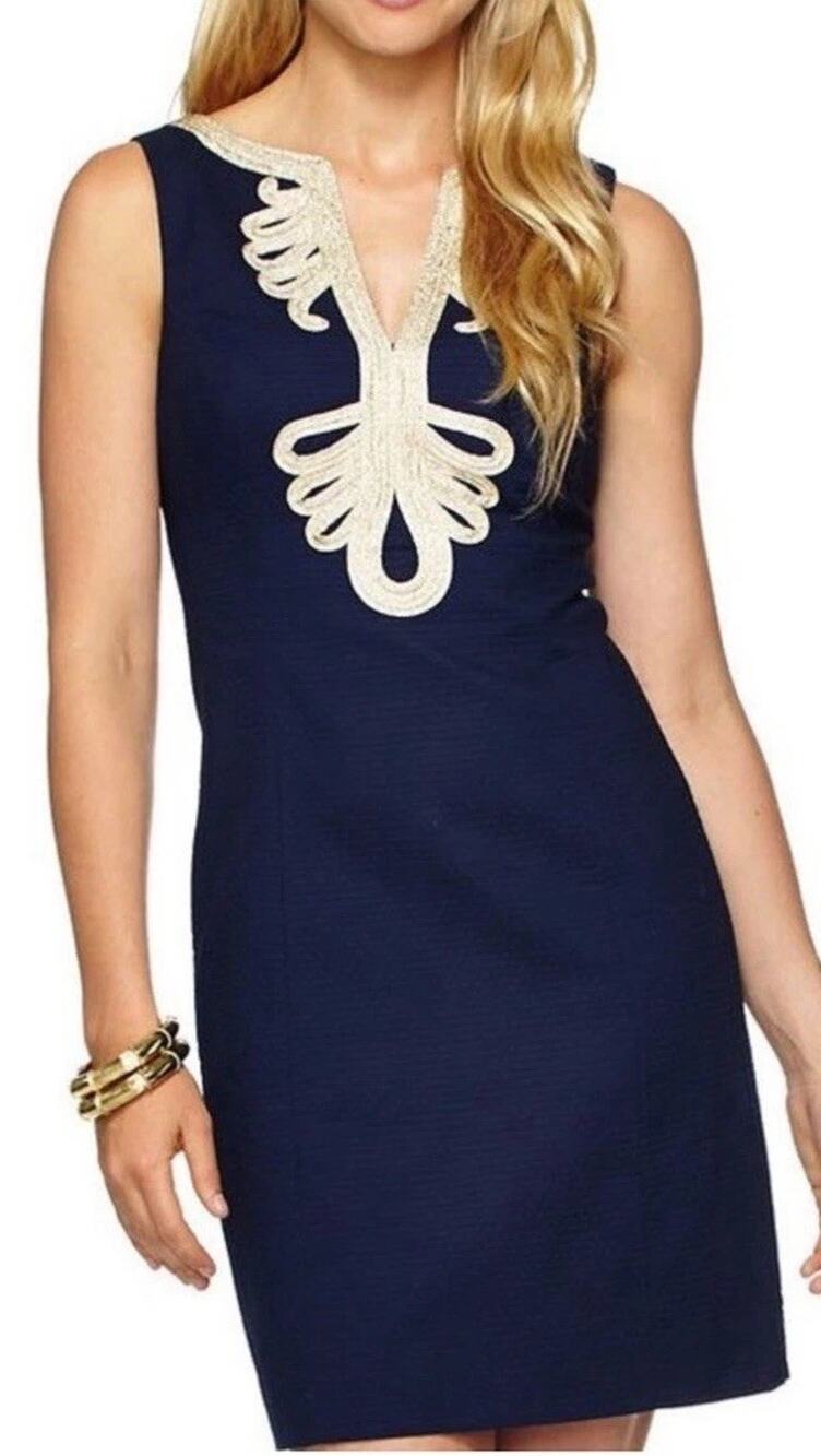 Lilly Pulitzer Blue Dress 6 Military Navy Wife Gold Trim Holiday Event Elegant